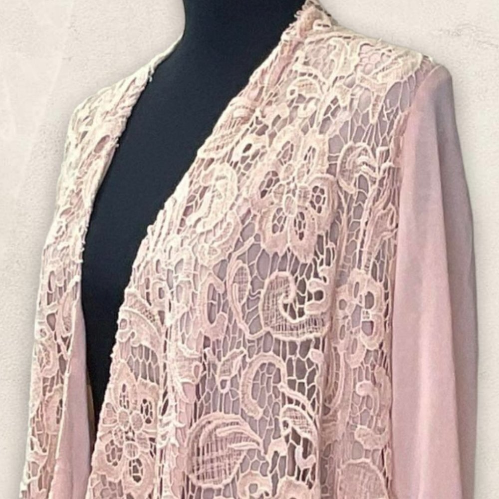 HAZEL Hazel Crochet Lace Front Half Jacket Chiffon Cardigan Long Sleeve Size M - Picture 3 of 8
